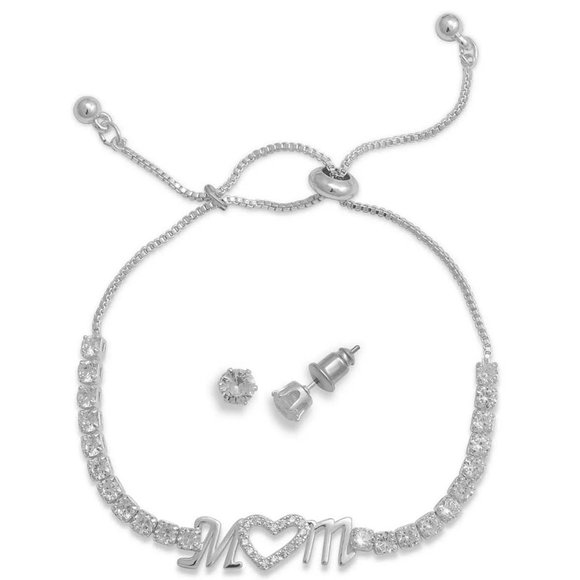 New Silver Plated Cubic Zirconia Mom Bracelet and Earring - Picture 1 of 4